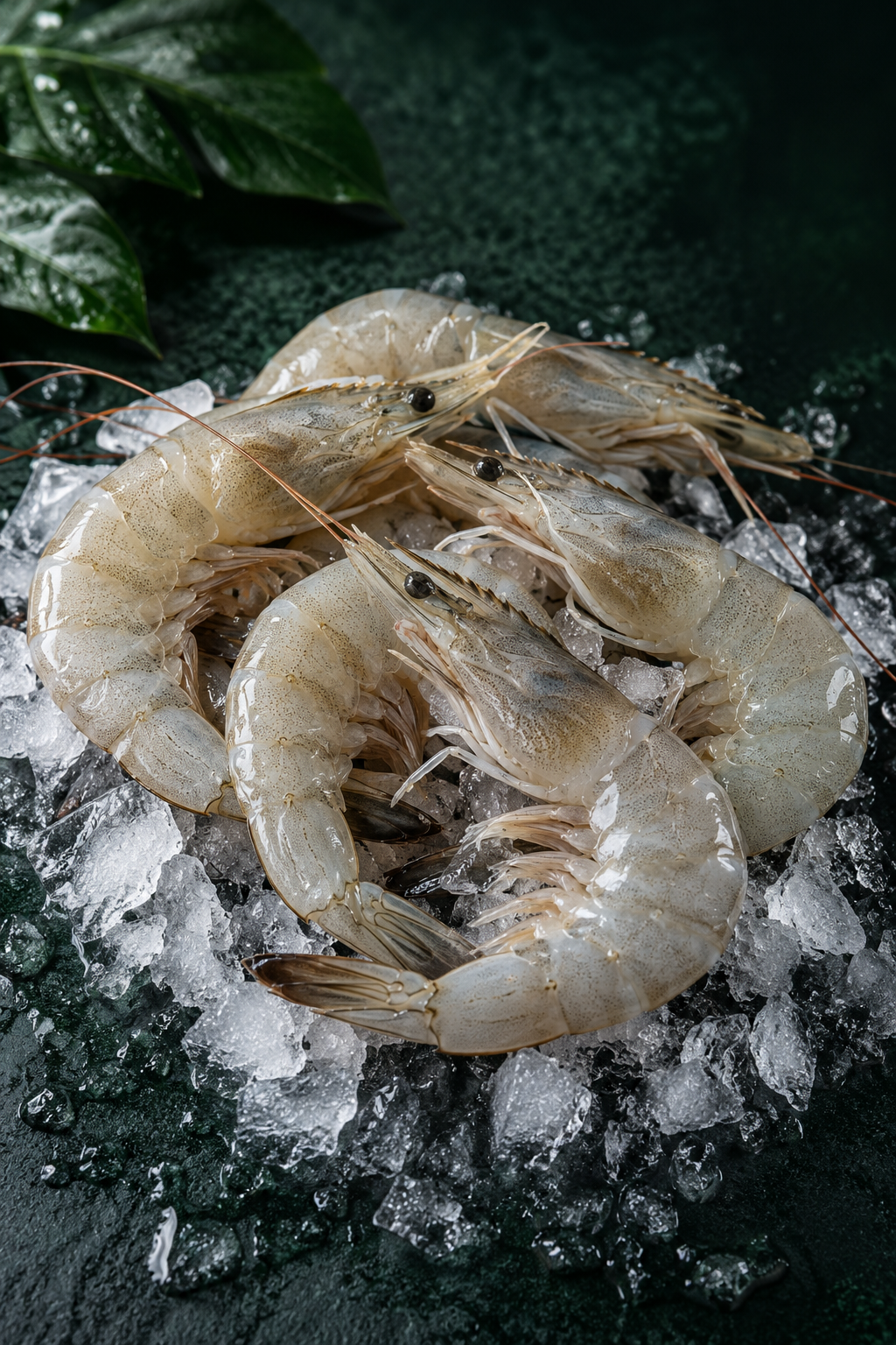 Premium Ecuadorian whiteleg shrimp on ice