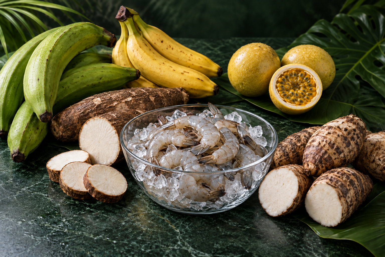 Premium Ecuadorian shrimp in a glass bowl with plantain, banana, cassava, passion fruit and white malanga